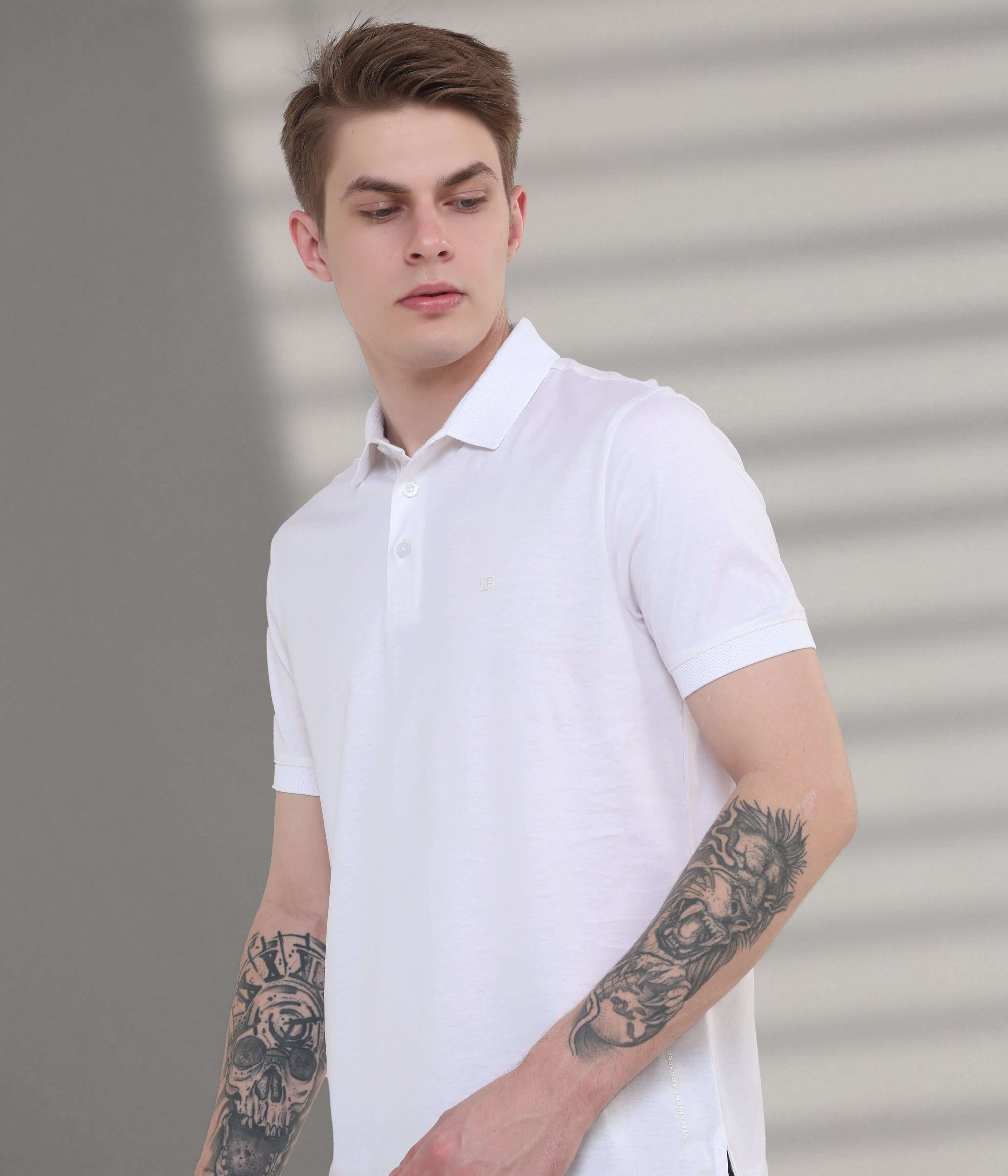 White polo t-shirt with anti-stain and anti-odor features, perfect for casual and everyday wear in men's fashion.