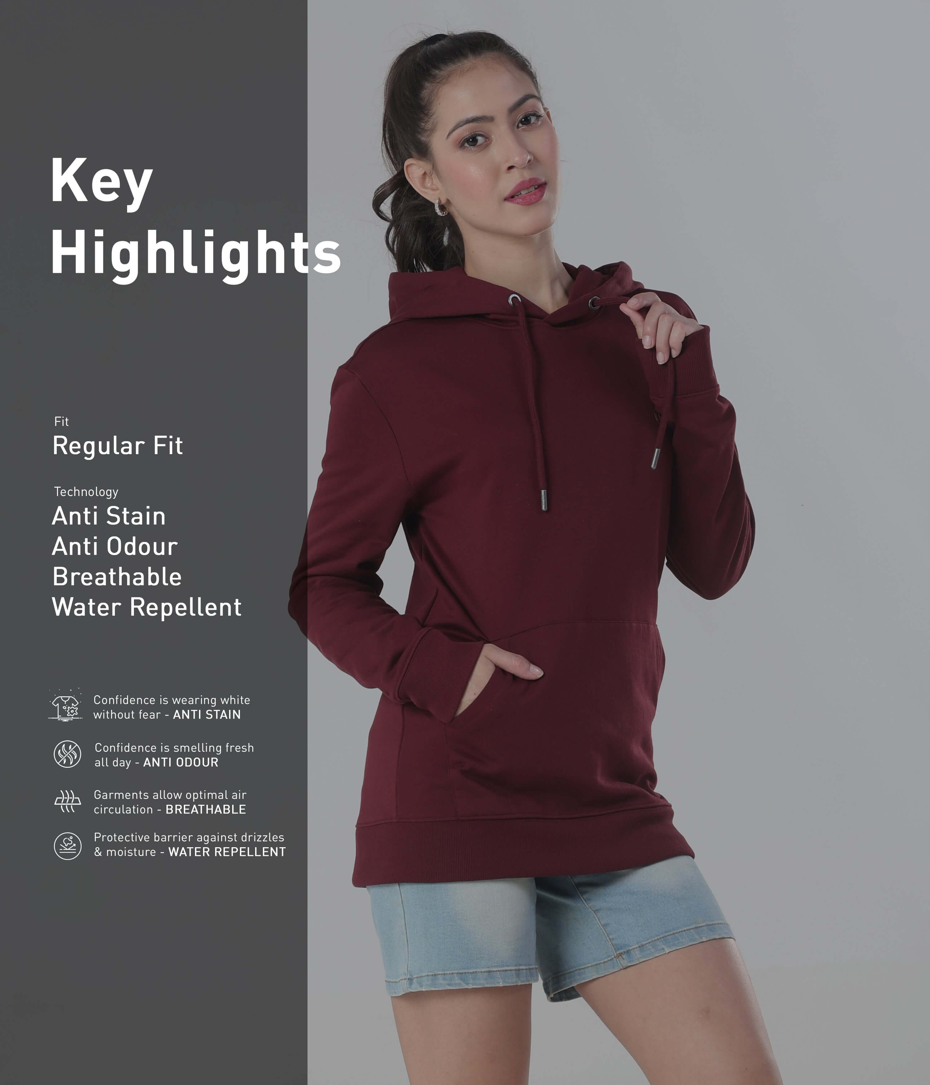 Model showcasing the Turms Intelligent Hooded Sweatshirt highlighting its anti-stain, breathable, and water-repellent features.