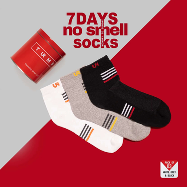 URturms Travel Fresh Infinity - 7 Days No Smell Socks (Pack of 3) Discover Turms 7-Day No Smell Anti-Odor Socks for everyday travel. Enjoy premium freshness, cooling, and moisture-wicking with our nanotech marvel. Pack of 3. Rs. 1499.00