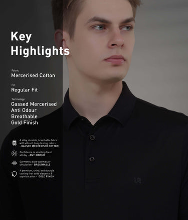 Black mercerized cotton polo shirt showcasing highlights of anti-odor, breathable fabric with a gold finish.