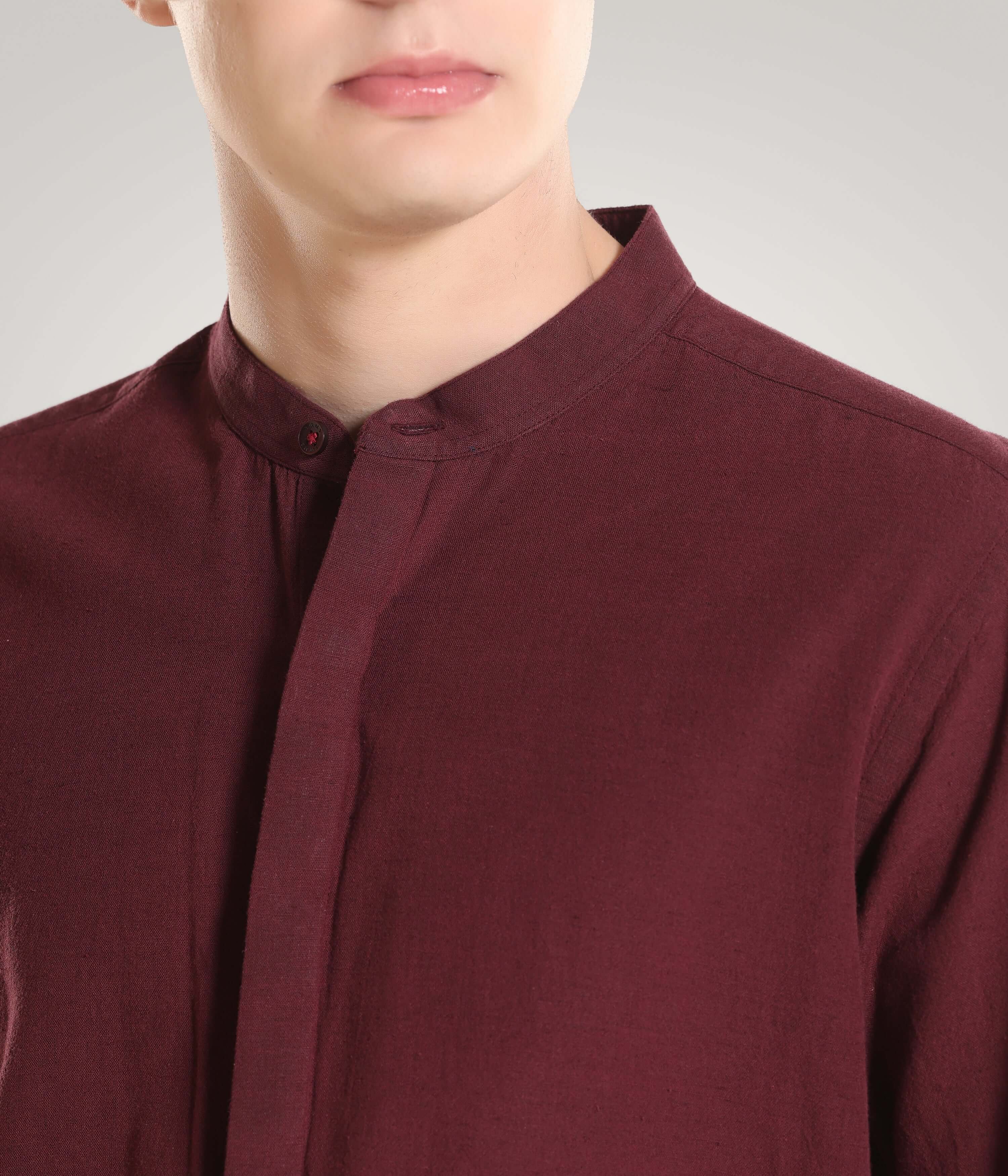 Premium Windsor Wine Cotton/Linen Turms shirt with mandarin collar, showcasing style and functionality in everyday luxury apparel.