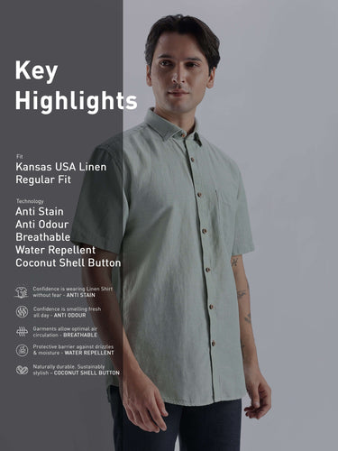 Fern Green linen shirt from Turms Intelligent Apparel showcasing features like anti stain and breathable design.