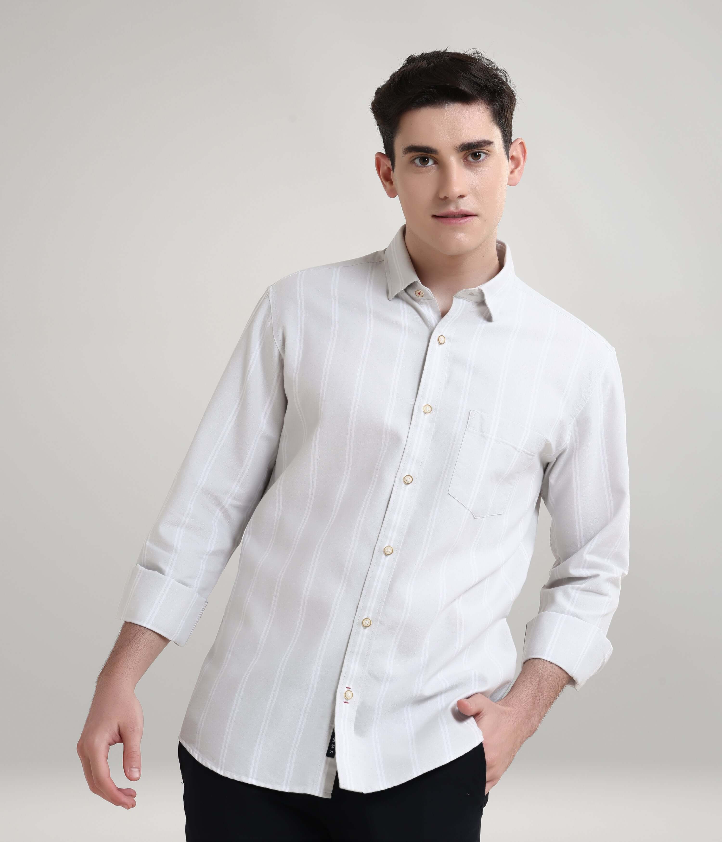 Premium Stormveil Grey stripe shirt for men, made with super combed cotton, anti-stain, anti-odour, featuring a concealed button-down collar.