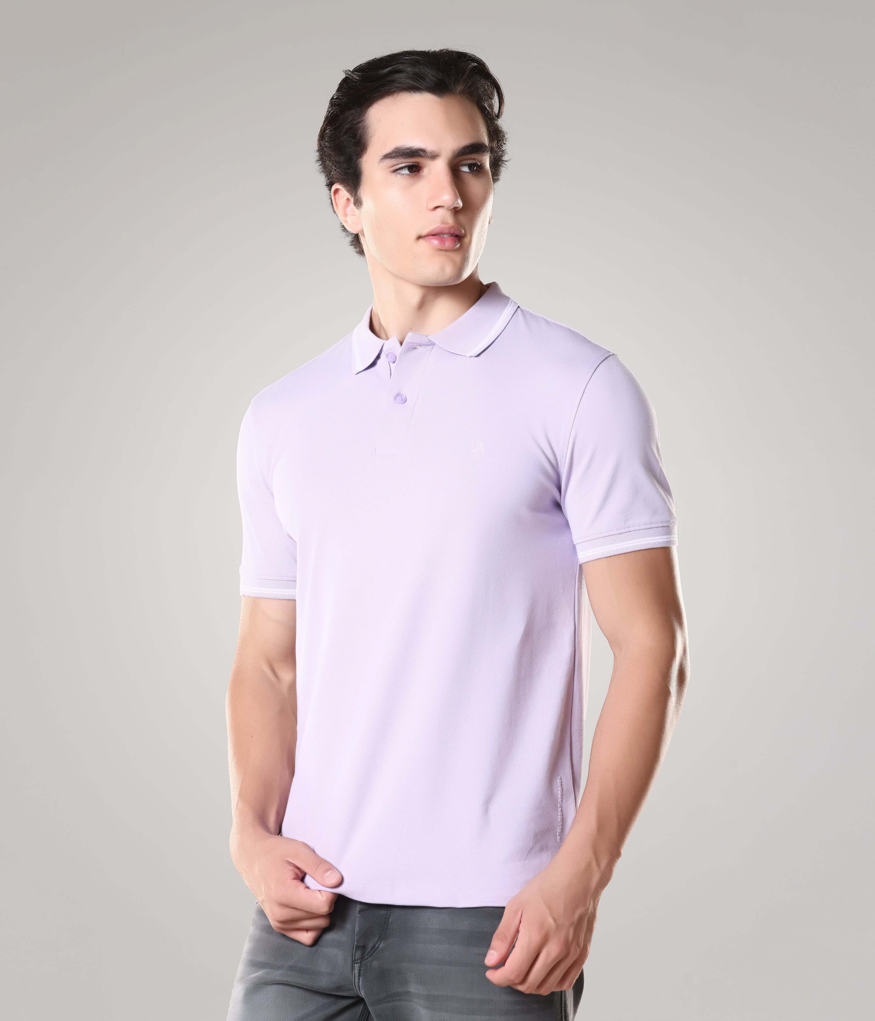 Man wearing Turms Plume Polo T-shirt in light purple- tailored fit, premium cotton-Spandex blend, anti-stain, anti-odor, intelligent apparel.