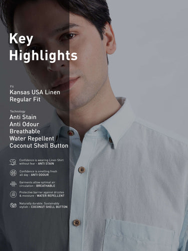 Blue Surf - Anti-stain, breathable linen shirt from Turms Intelligent Apparel, Kansas USA, water repellent with coconut shell buttons.
