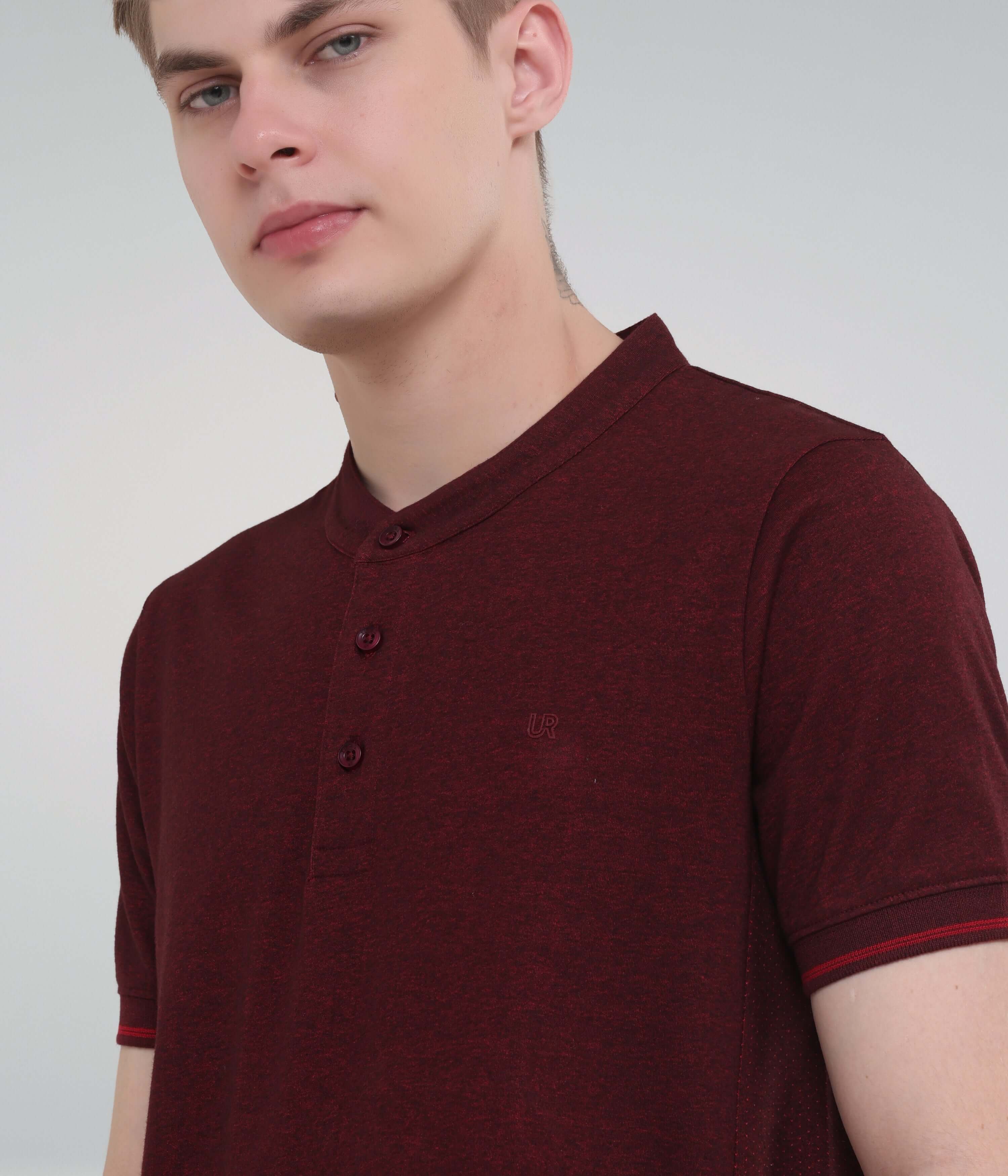 Maroon men's Henley collar t-shirt featuring anti-odour and moisture control technology for active wear and casual style.