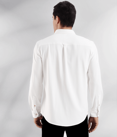 White Willow white knitted shirt showcasing back design with 8 way stretch and premium comfort from Turms Intelligent Apparel.