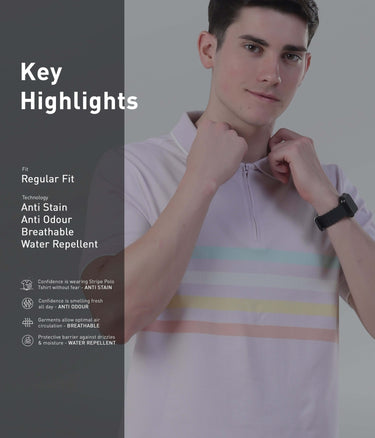 Man wearing Turms lavender breeze polo shirt with anti-odour, water-repellent technology and striped design.