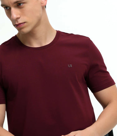 Man wearing cranberry Turms round-neck t-shirt with tailored fit and stain-resistant fabric, a must-have in menswear new colors collection.