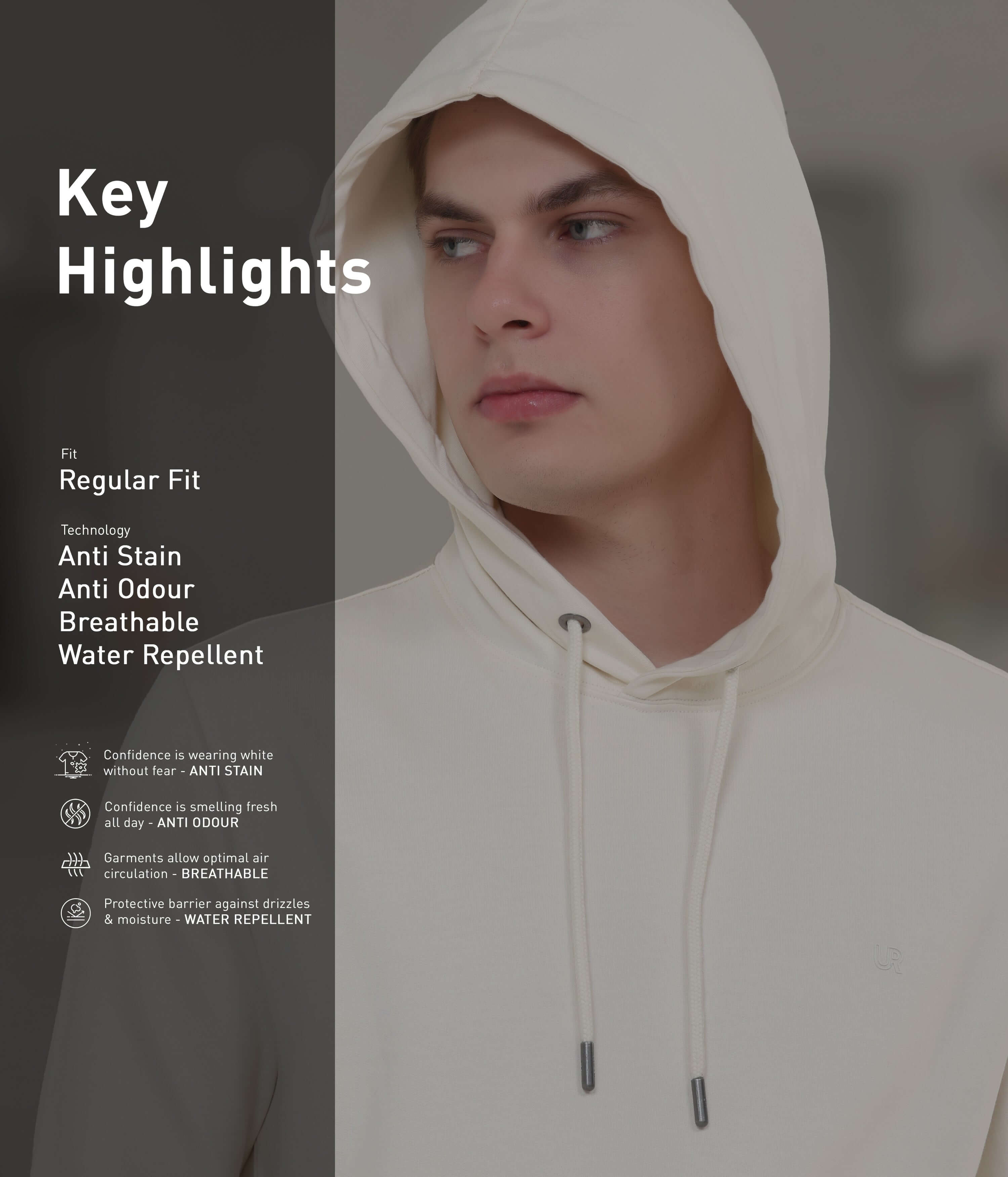 Key highlights of the Snow Runner hoodie featuring anti-stain, breathable, and water-repellent technology.