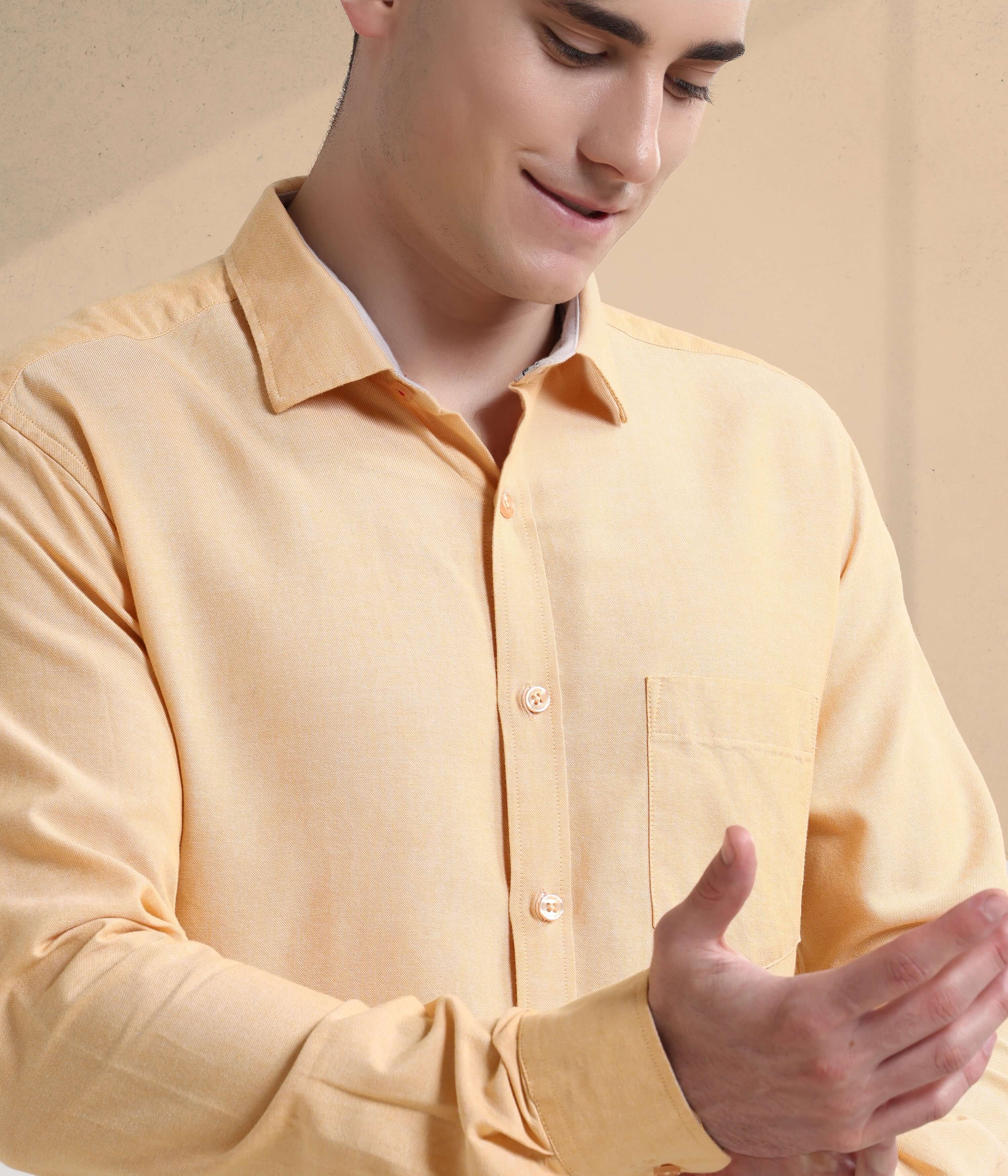 Sandy Haven Oxford Turms shirt in yellow, showcasing premium anti-stain, anti-odour, waterproof features for men's wear.