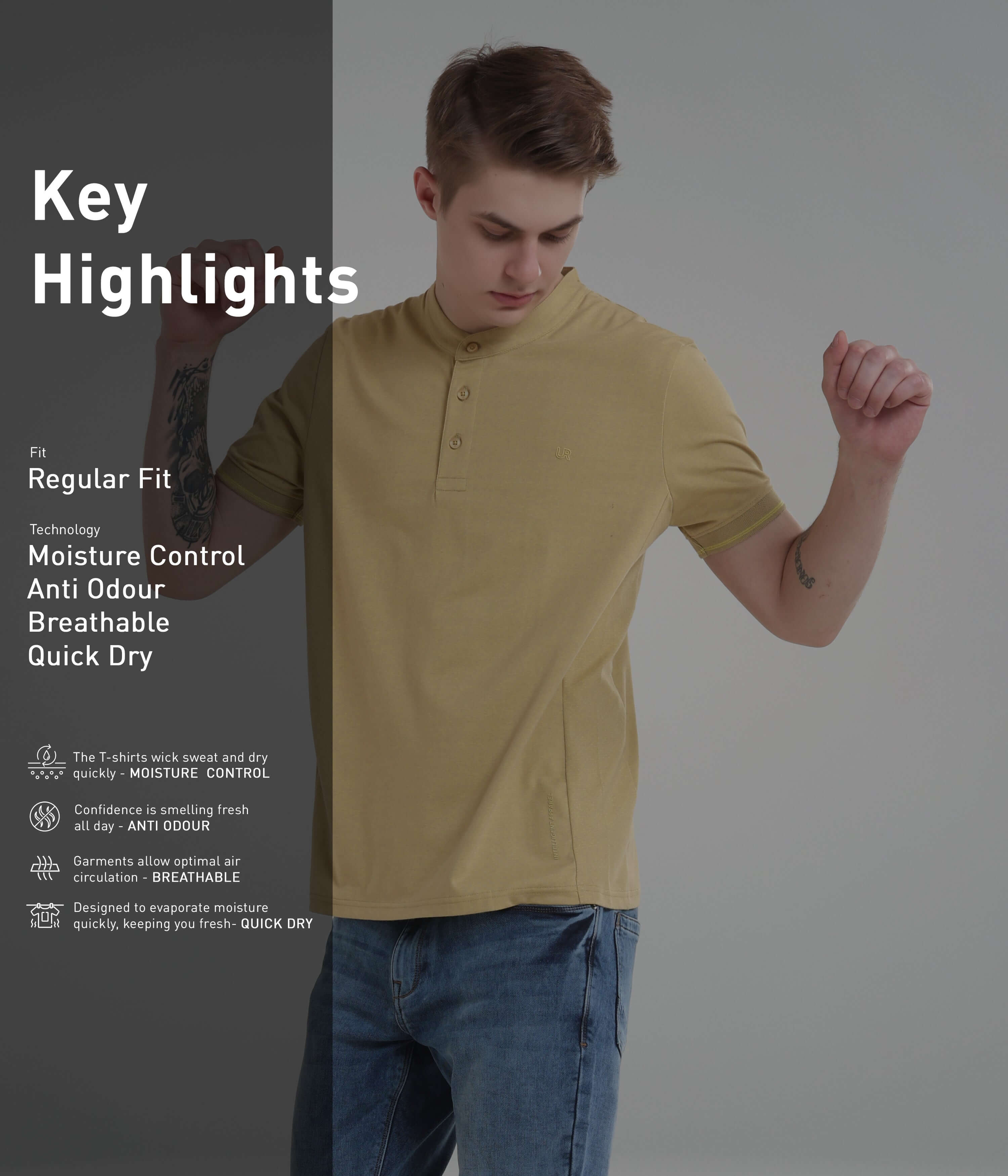 Mountain Beige Turms Intelligent Henley T-Shirt showcasing moisture control, anti-odour features, and breathable comfort for men.