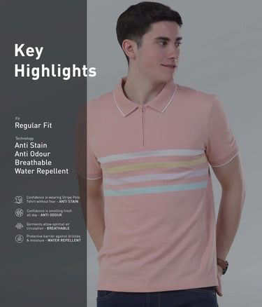 Model showcasing a pink polo shirt with anti-stain, anti-odour, breathable, and water-repellent features.