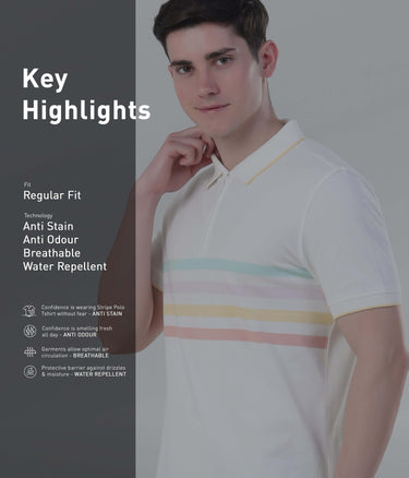 Vanilla Cream Zipper Polo showcasing key features: anti stain, anti odour, breathable, and water repellent.