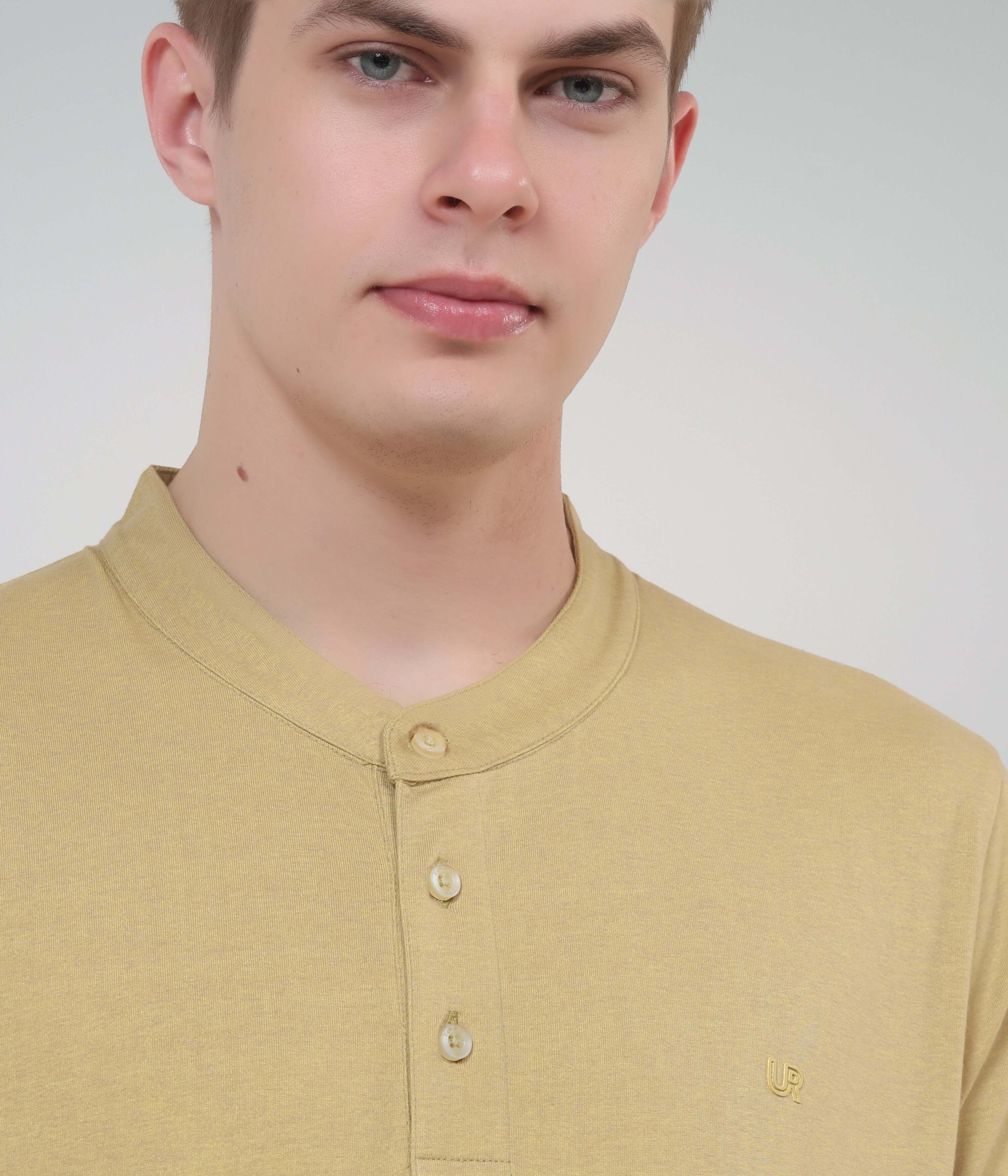 Men's Turms Intelligent Henley T-Shirt in Mountain Beige, featuring anti-odour and moisture control technology.