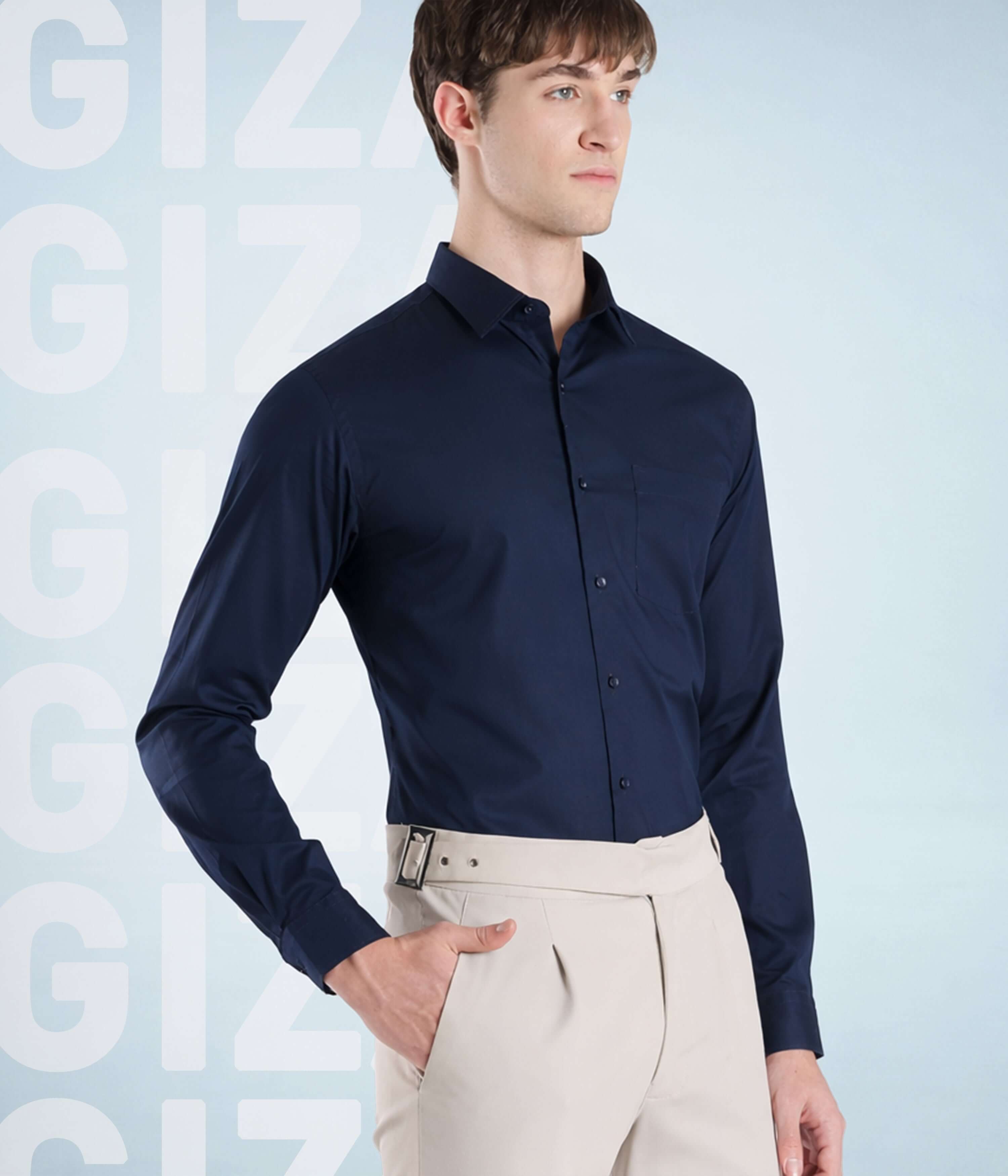 Navy Eclipse by Turms Intelligent apparel featuring a stylish Giza cotton shirt, perfect for everyday luxury.