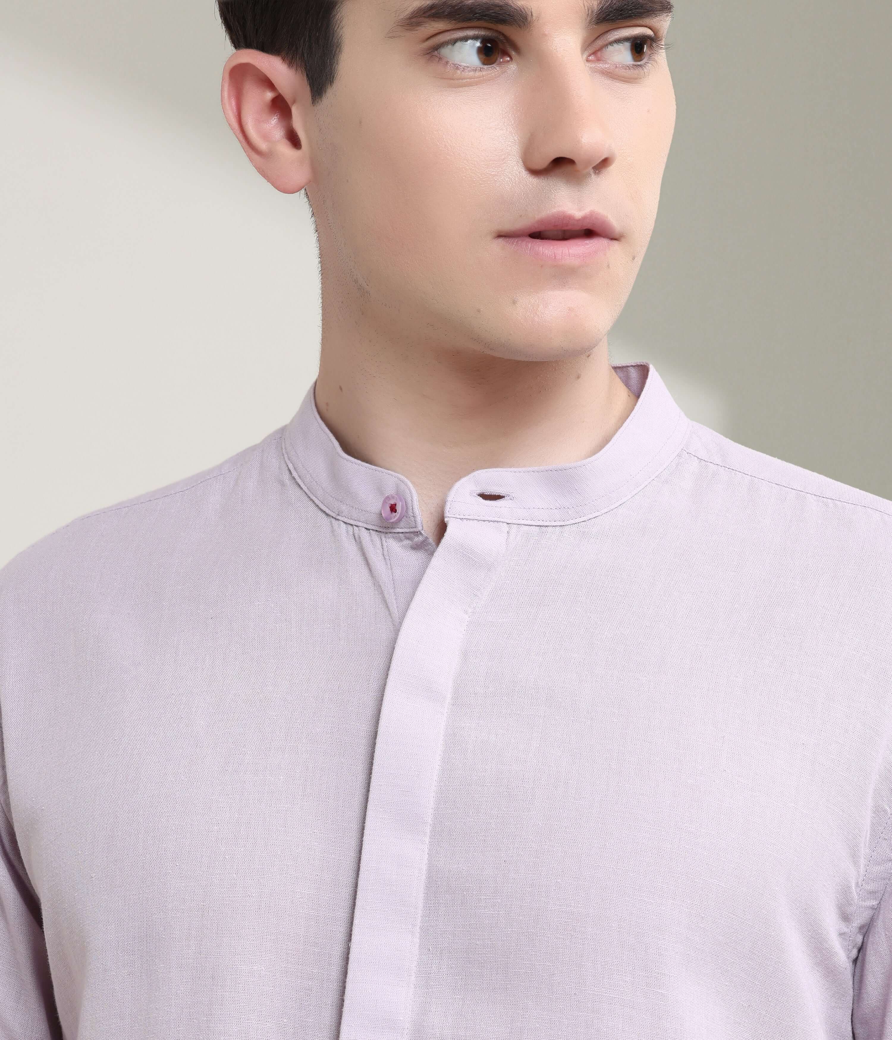 Man wearing Bergamot Lavender Turms linen shirt with mandarin collar, showcasing anti-stain and anti-odour intelligent apparel.