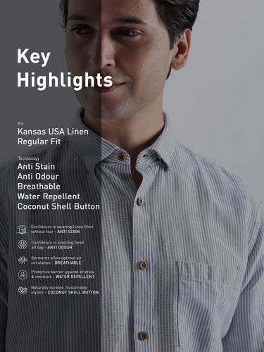 Skyline Blue shirt highlights including Kansas USA Linen, anti stain, breathable, water repellent features.