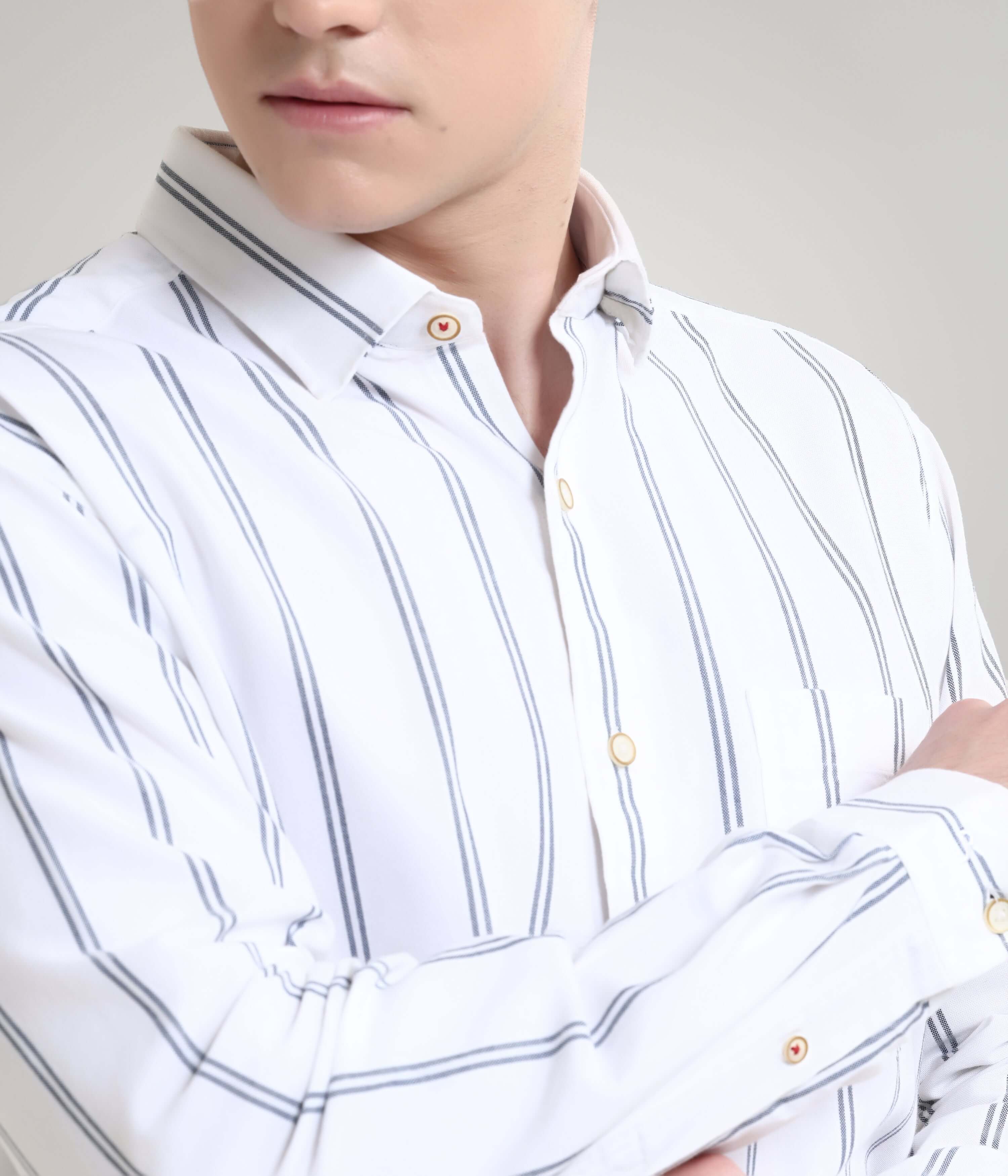 Premium Colada White striped Oxford Turms shirt, anti-stain, anti-odor. High-quality, stylish knitted menswear.