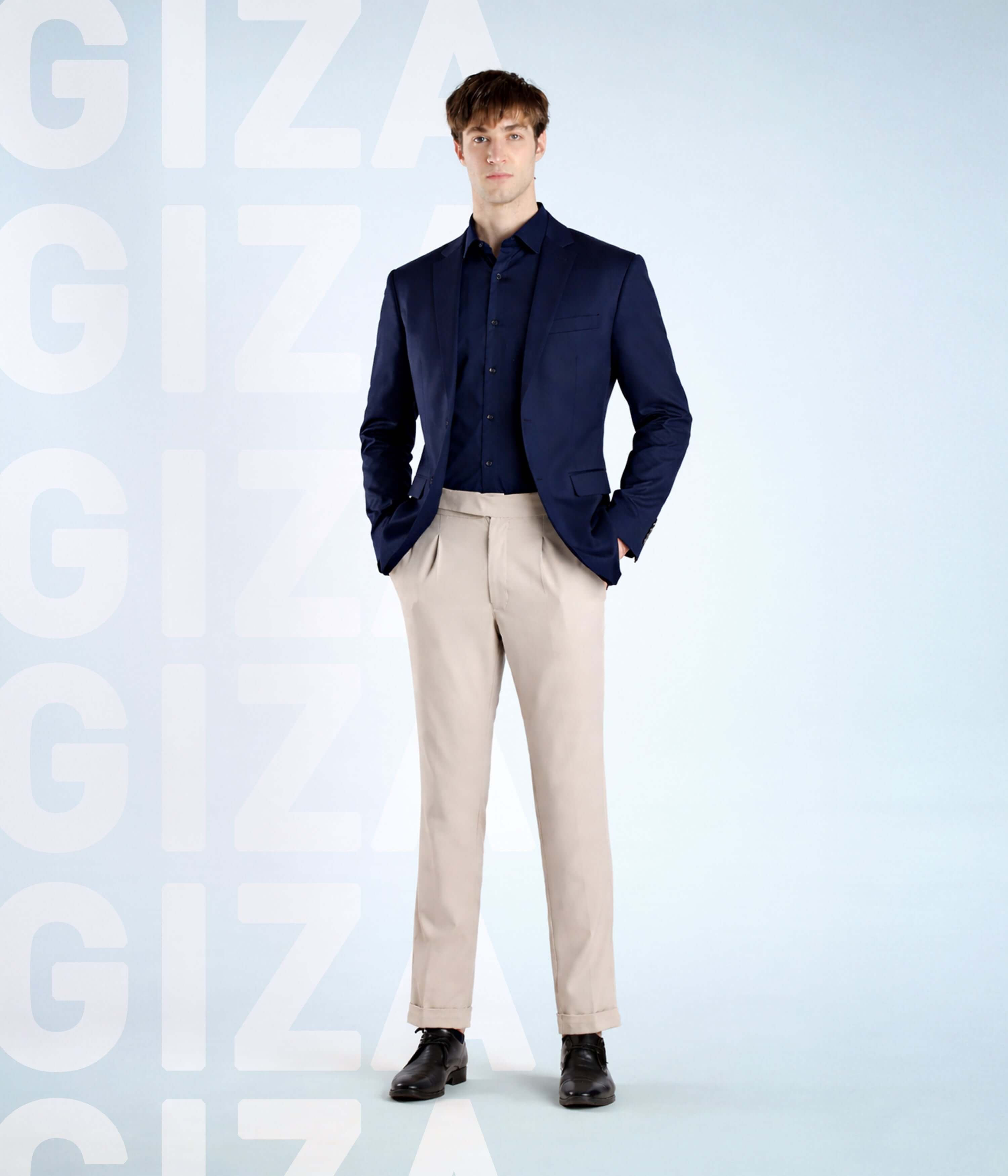 Navy Eclipse Turms Intelligent Apparel Giza cotton shirt with tailored pants for everyday luxury.