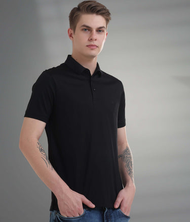 Black mercerized polo t-shirt for men, stain proof and odor resistant, tailored fit for everyday wear.
