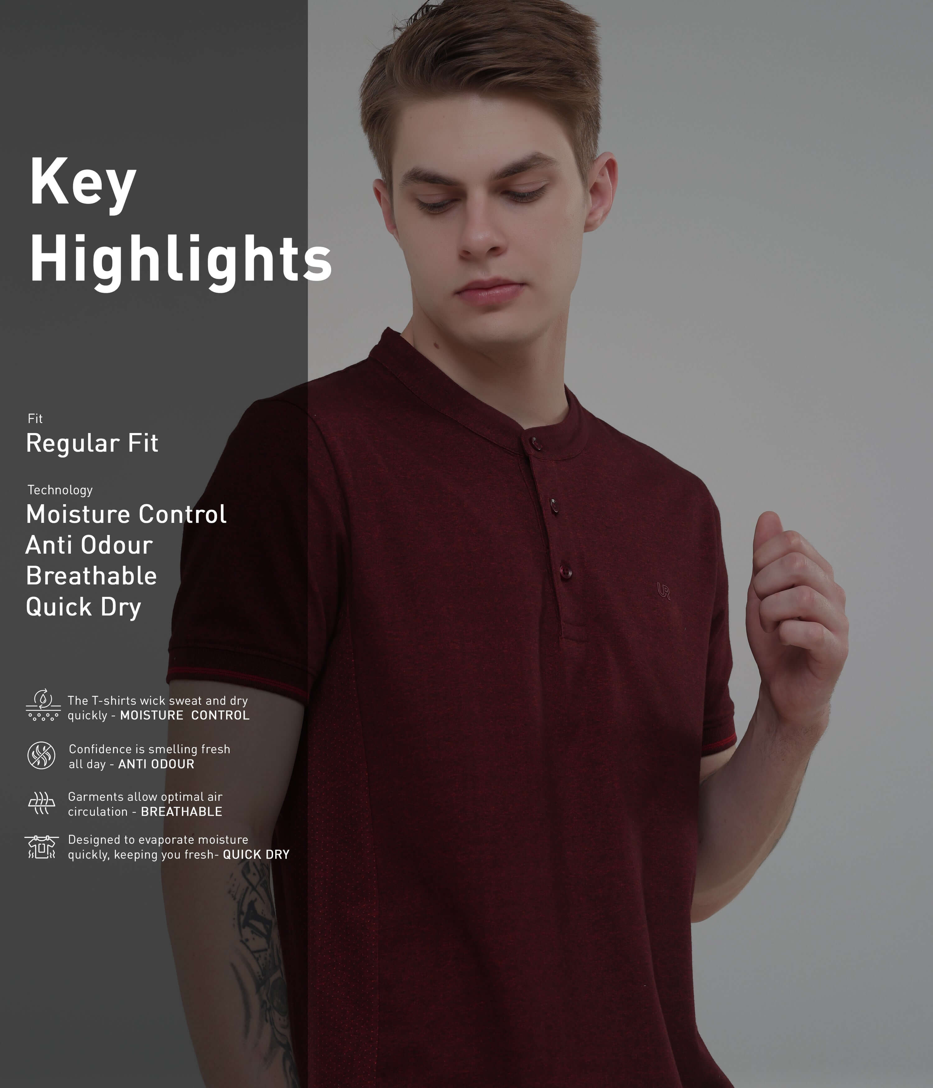 Maroon men's Henley t-shirt showcasing moisture control, anti-odour technology, and breathable material for comfort.