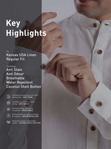 White Wolf 2.0 linen shirt features anti-stain, anti-odour, water-repellent technology with breathable Kansas USA linen fabric.