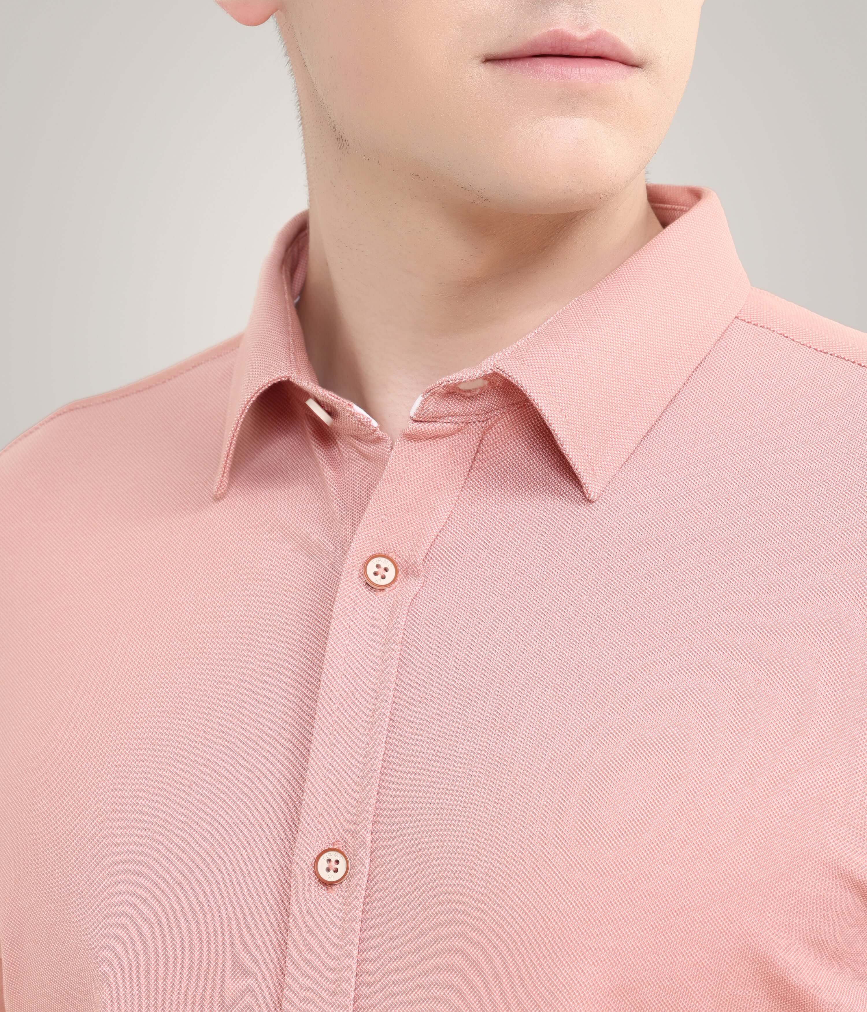 Premium rustic orange knitted shirt with anti-stain, anti-odour features, perfect for menswear fashion enthusiasts.