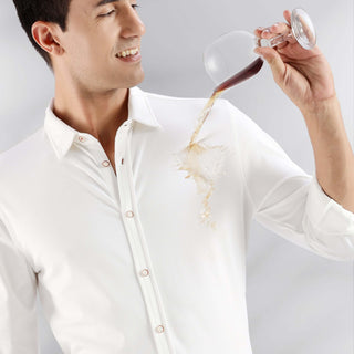 White Willow: Man in a white knitted shirt demonstrating anti-stain feature while pouring liquid.