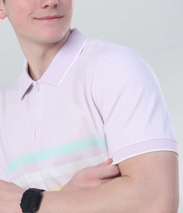 Lavender Breeze Turms Intelligent Zipper Polo featuring pastel stripes and a zipped design for modern style and comfort.