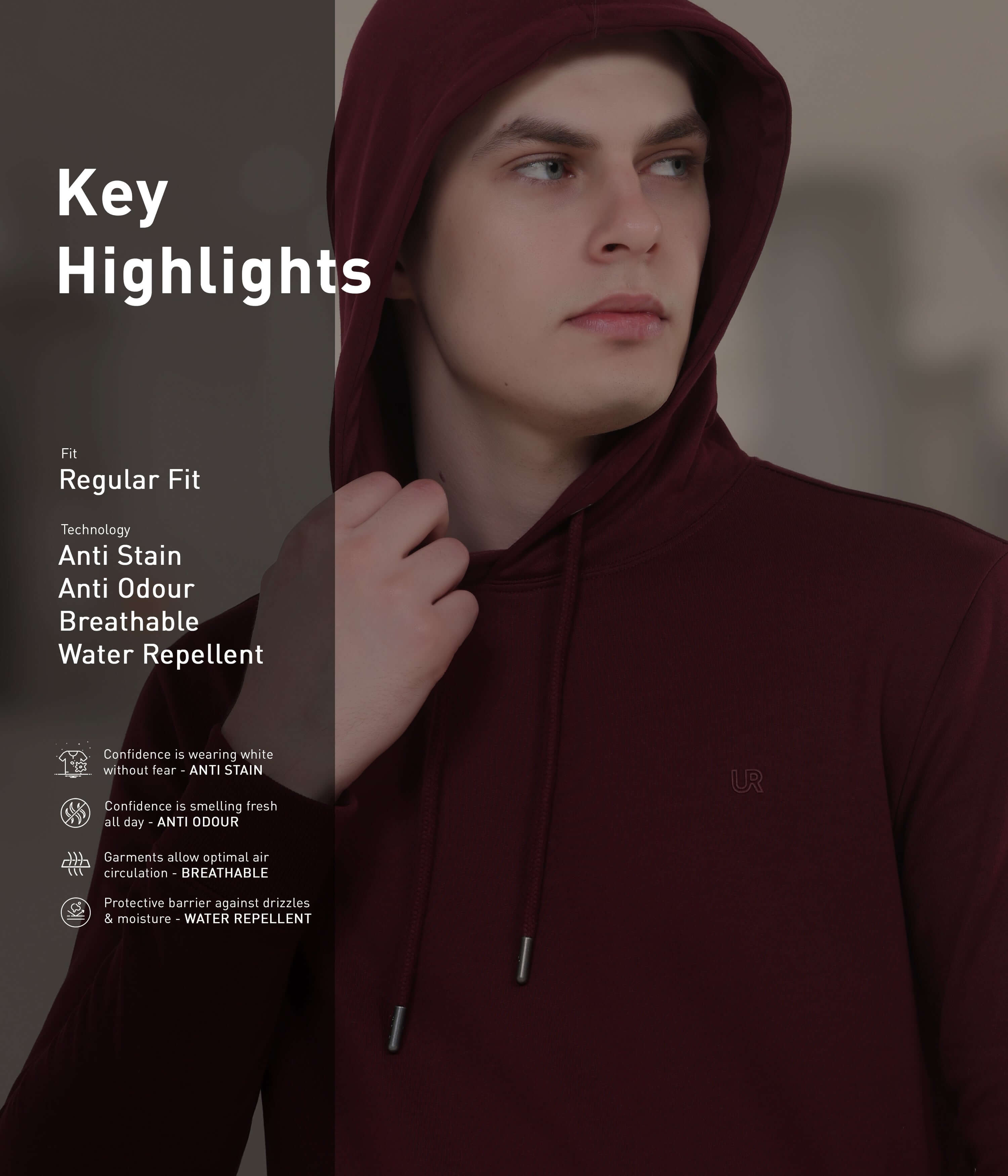 Model showcasing Blood Moon hooded sweatshirt with anti-stain, anti-odour, breathable, and water-repellent features.