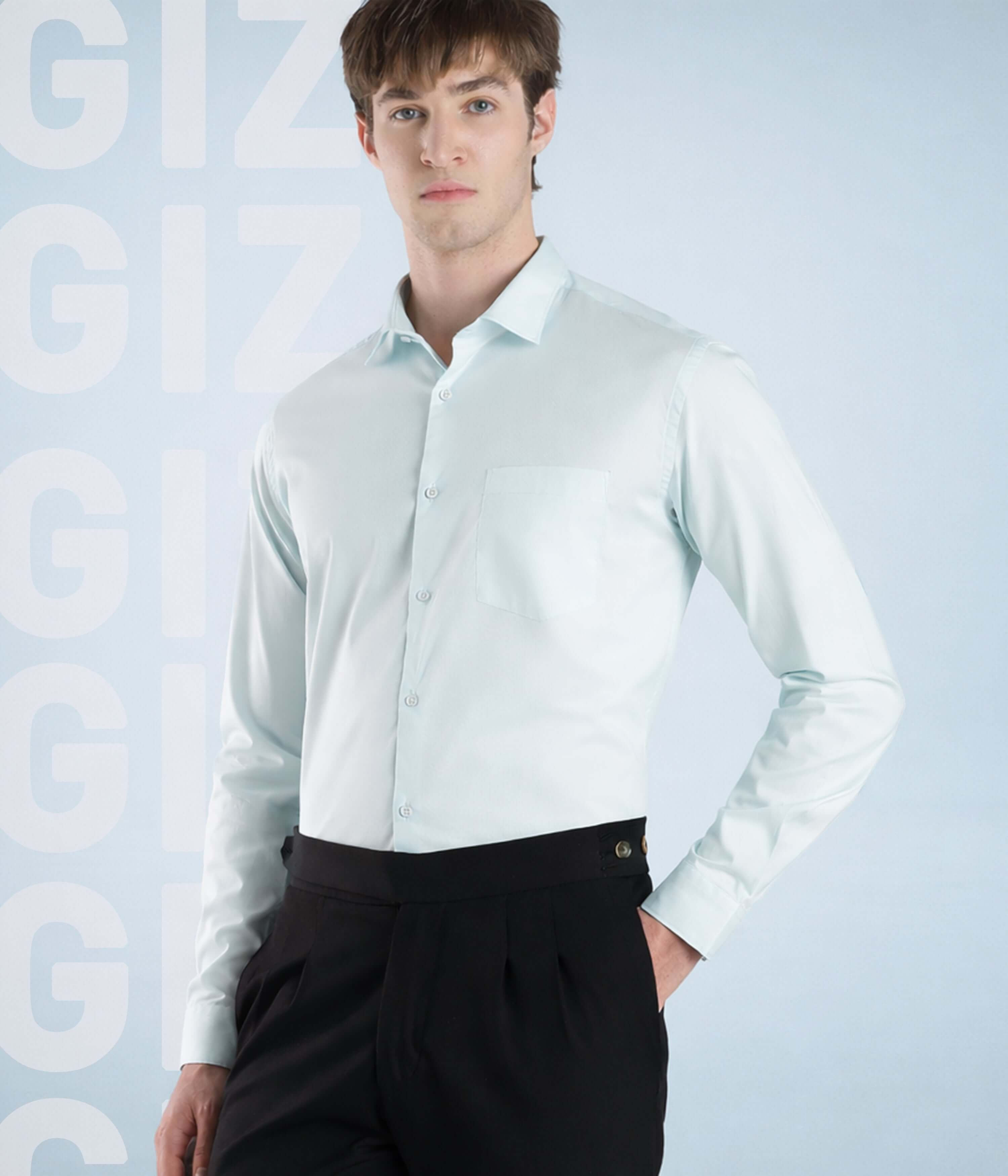 Skyblue Luxe shirt worn by a model, showcasing premium style and quality Giza cotton fabric.