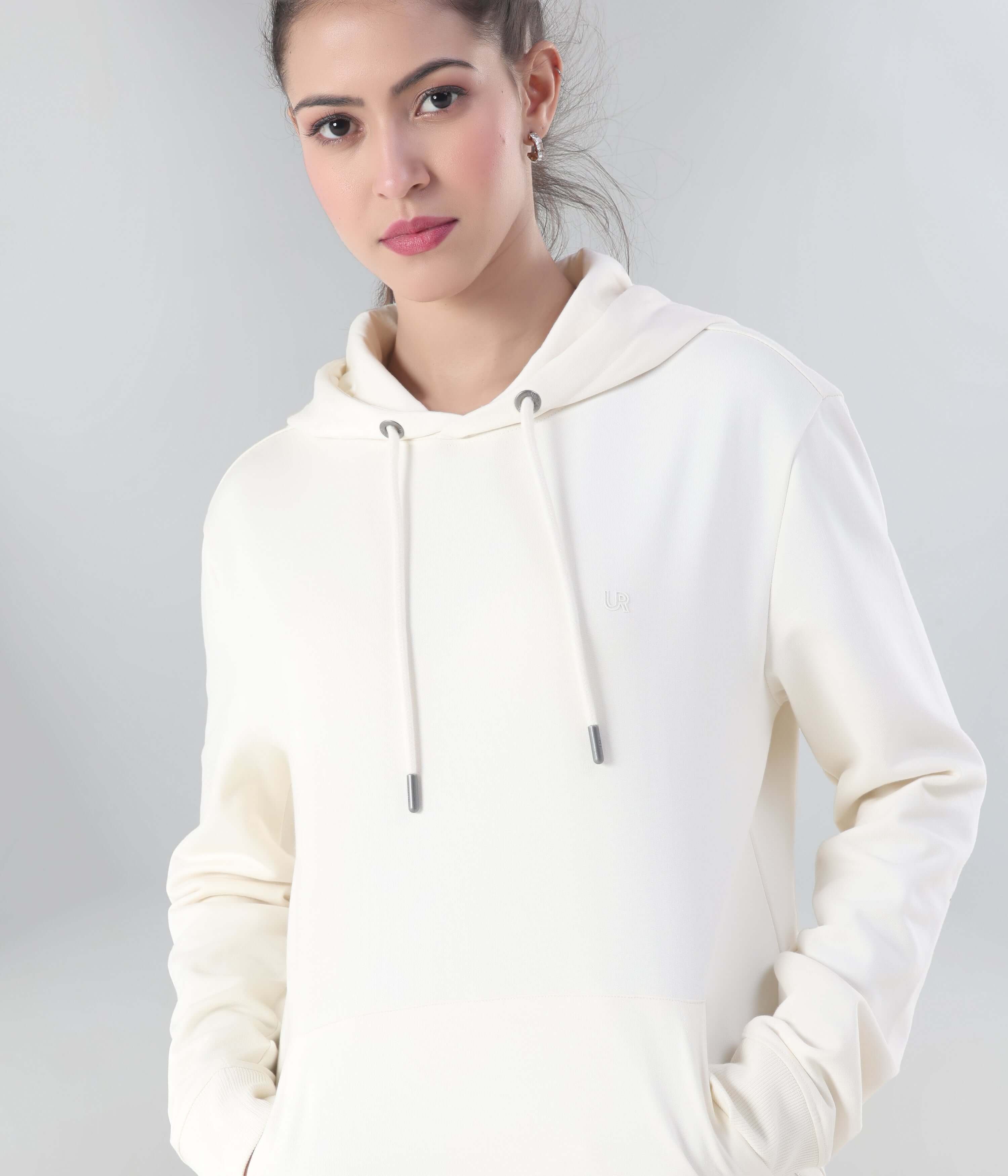 Turms Intelligent Hooded Sweatshirt in cream, best women's hoodie, anti-stain, water-resistant, ideal for travel wear.