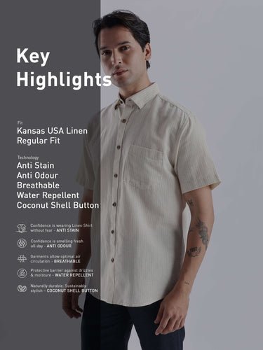 Sandy Glow linen shirt showcasing its anti stain, anti odour, water repellent features, and Kansas USA Linen design.