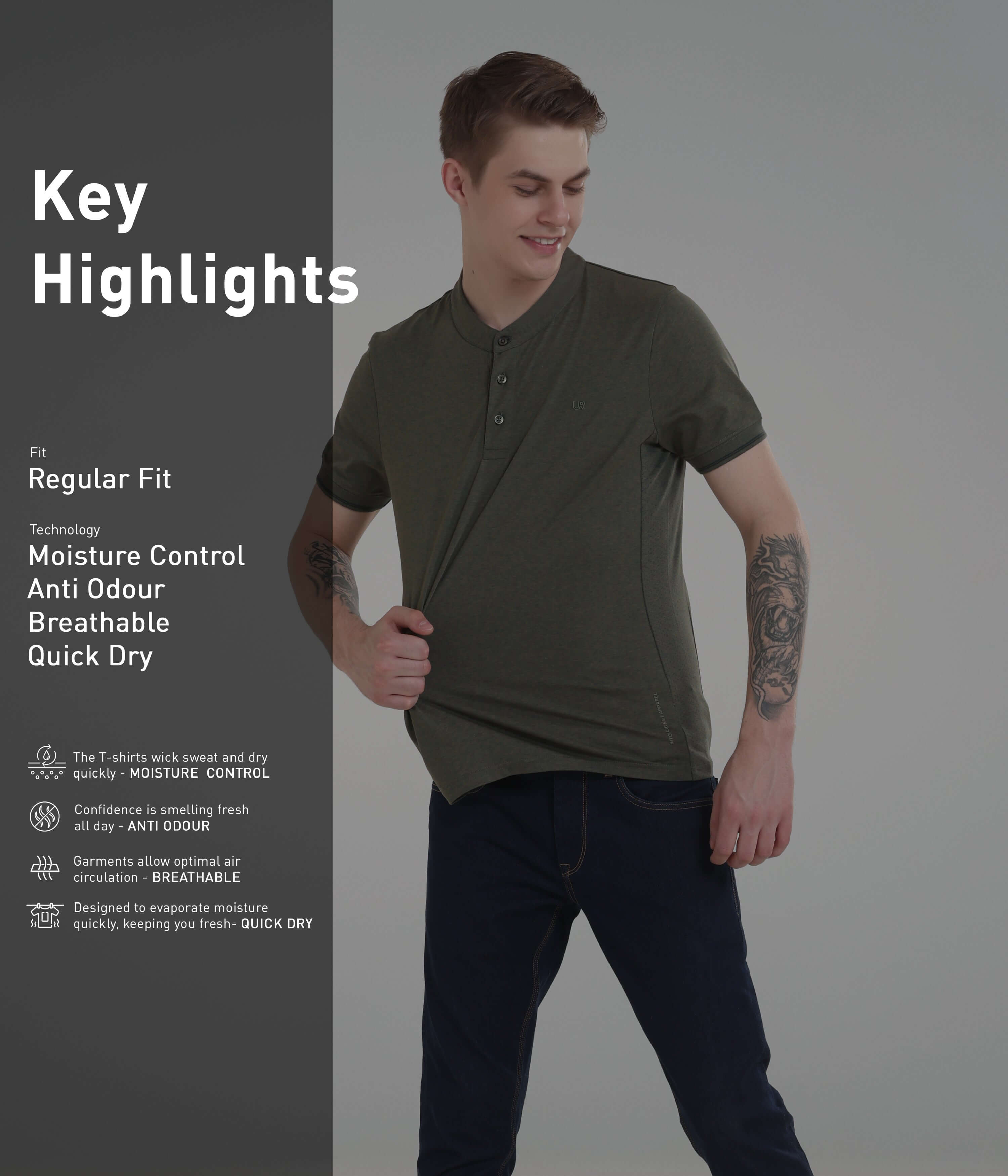 Mens olive green Henley t-shirt with moisture control, anti-odour, breathable features - Turms Intelligent Apparel.
