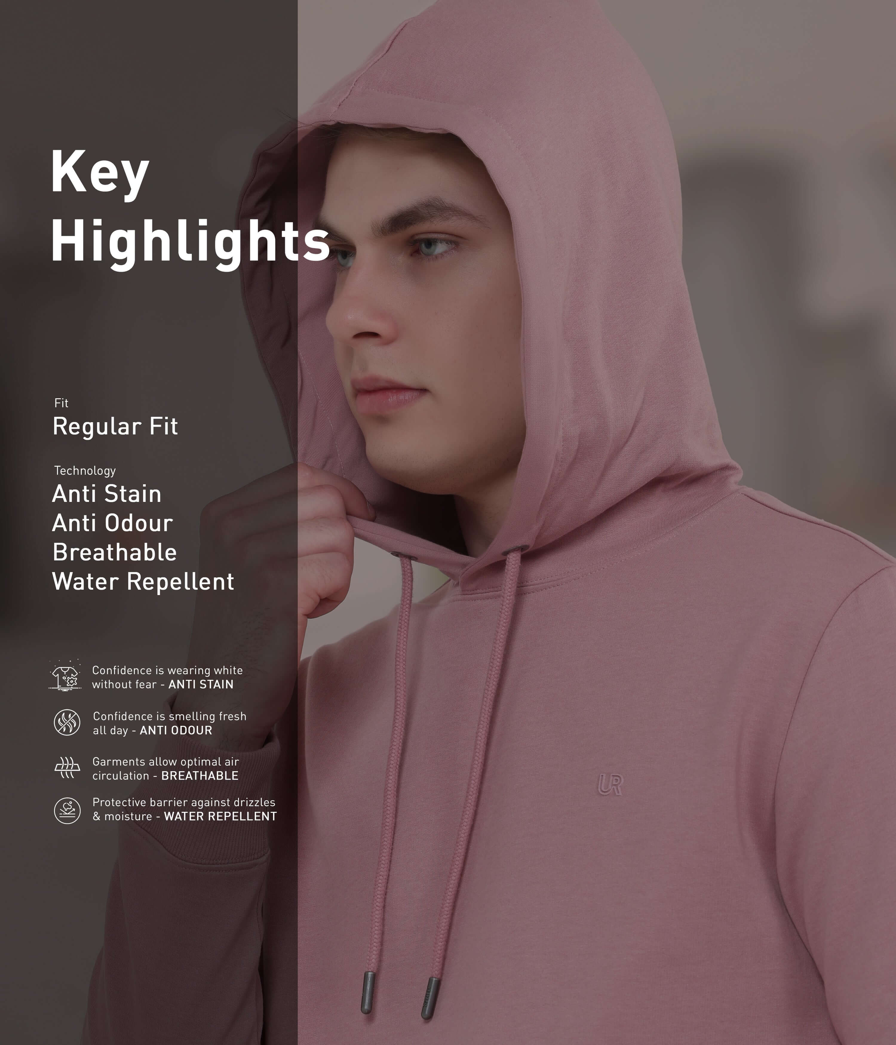 Key features of the pink hooded sweatshirt: anti-odour, breathable, water-repellent, and stain-resistant for stylish comfort.