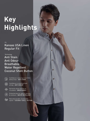 Jordy Blue linen shirt from Turms Intelligent Apparel showcasing anti stain, water repellent, and breathable features.