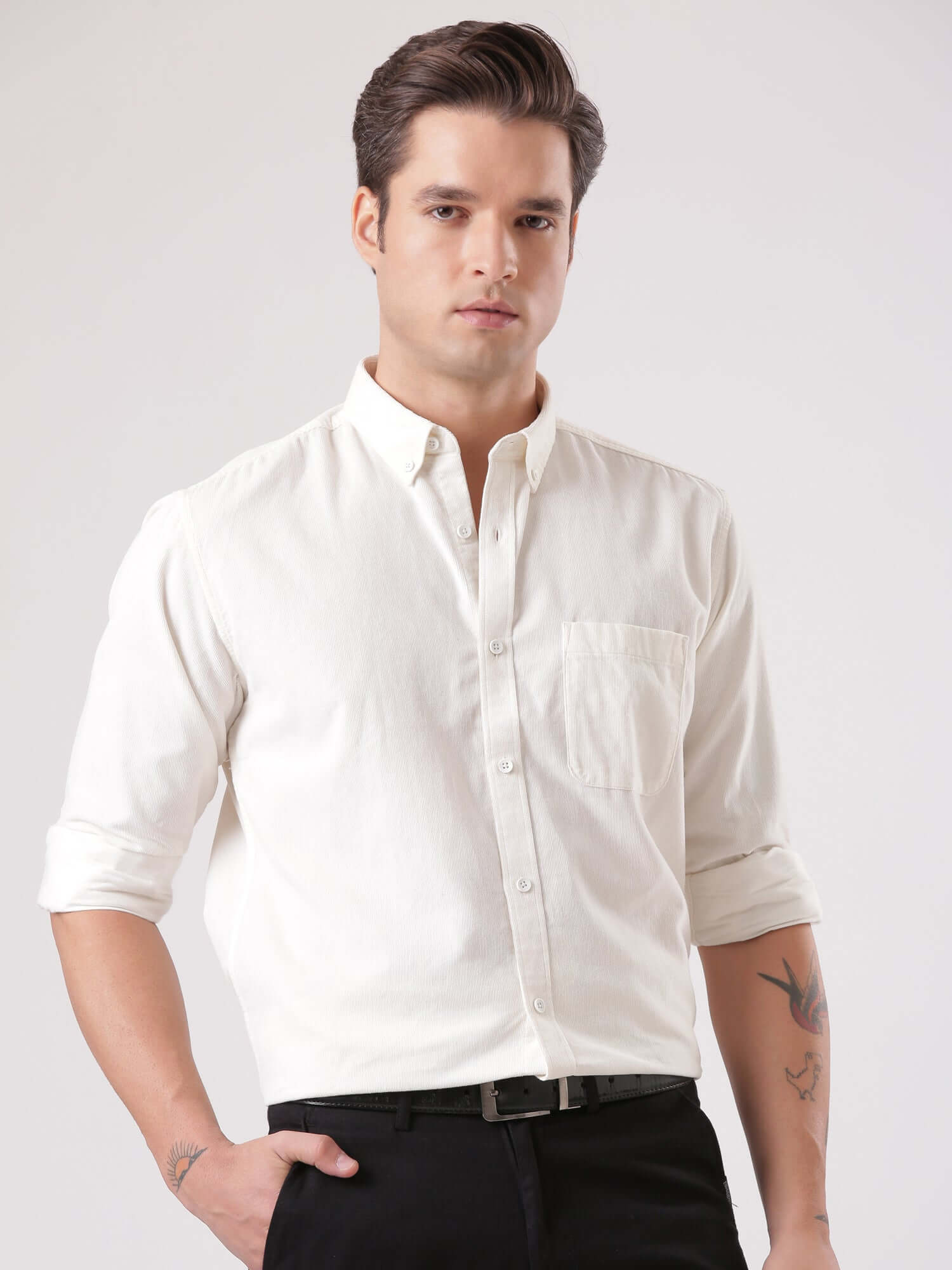 White Grizzly corduroy shirt with water proof, perfect for stylish and functional everyday luxury.