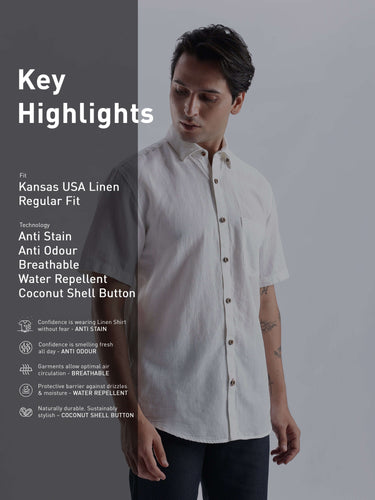 Man wearing a white shirt with text detailing product features on a gray background