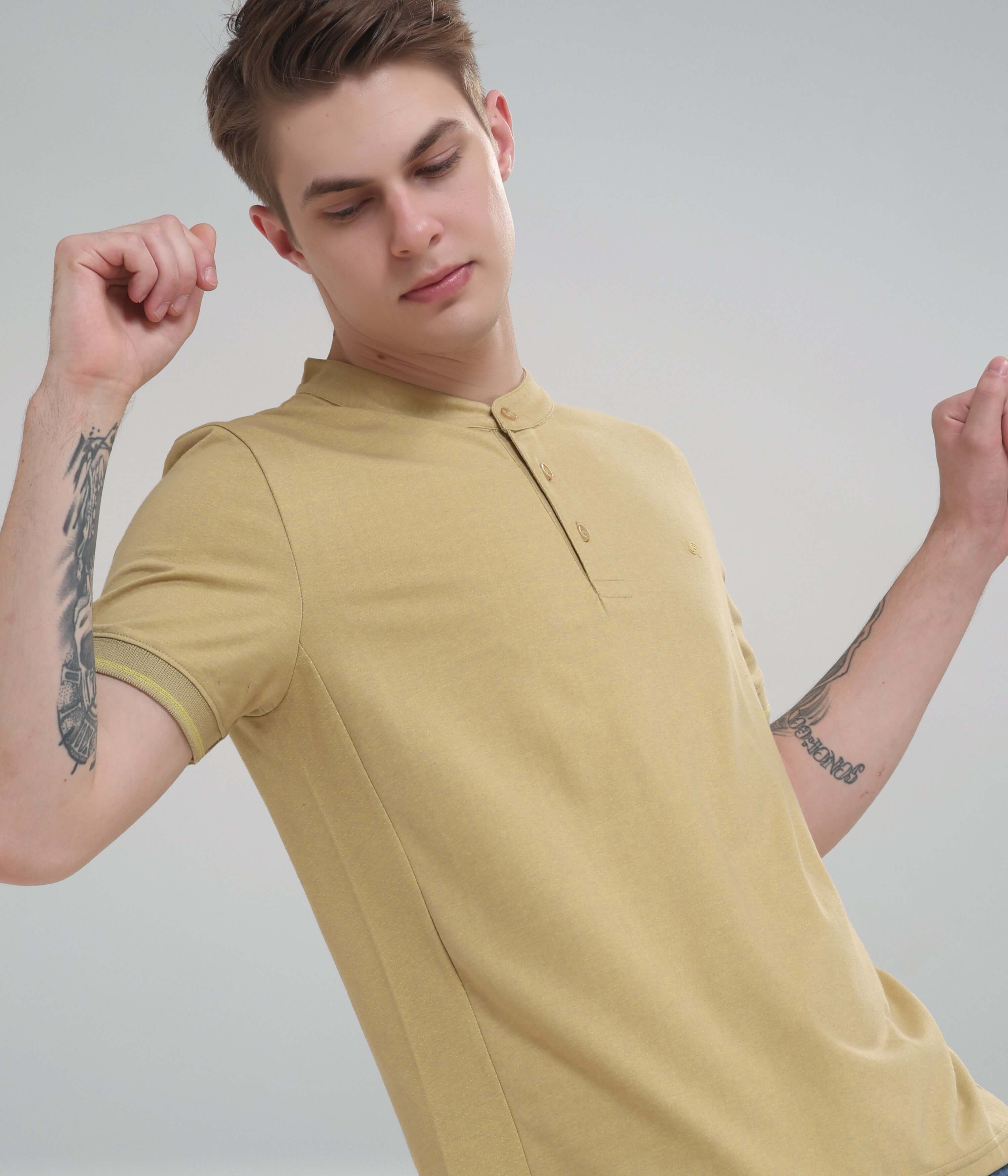 Men's Mountain Beige Henley T-shirt with moisture control, perfect for casual or active wear by Turms Intelligent Apparel.