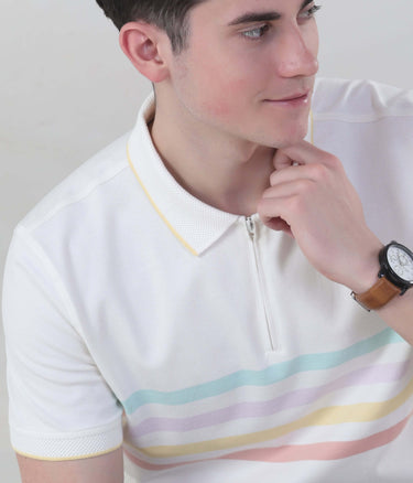 Model wearing a Vanilla Cream Turms Intelligent Zipper Polo shirt with pastel stripes, showcasing sustainable fashion and cool tech features.