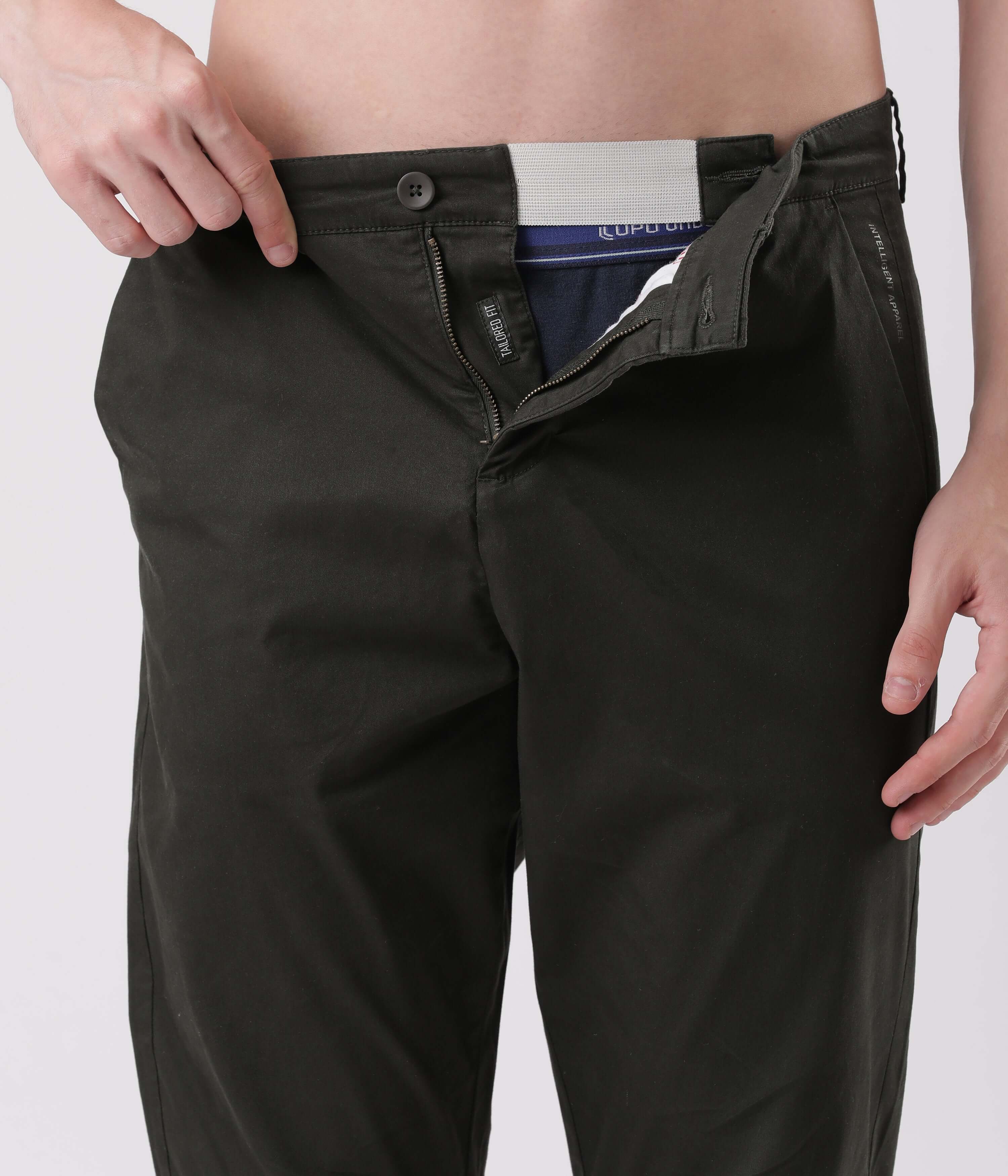 Sage Olive Turms All Day Worry-Less Intelligent Smart flex Chino showing waistband and button.