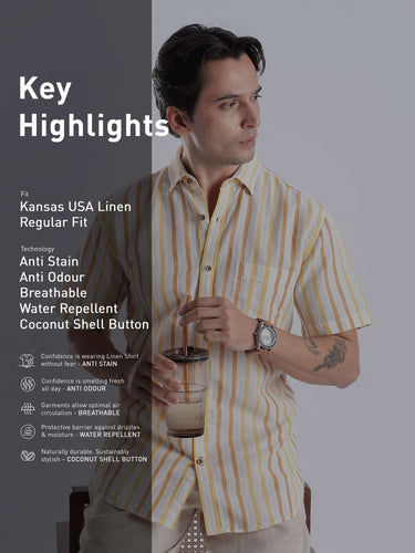 Golden Charm linen shirt from turms intelligent apparel showcasing anti stain, water proof, and breathable features.