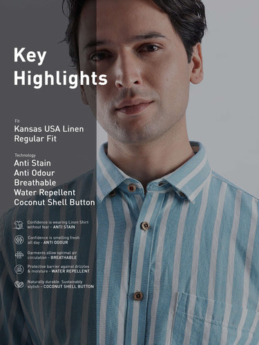 Blue Shore linen shirt from turms intelligent apparel showcasing Kansas USA linen regular fit and anti-stain technology.