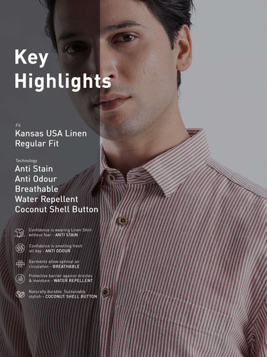 Bordeaux Maroon linen shirt from Turms Intelligent Apparel, showcasing anti-stain, water-repellent, and breathable features.