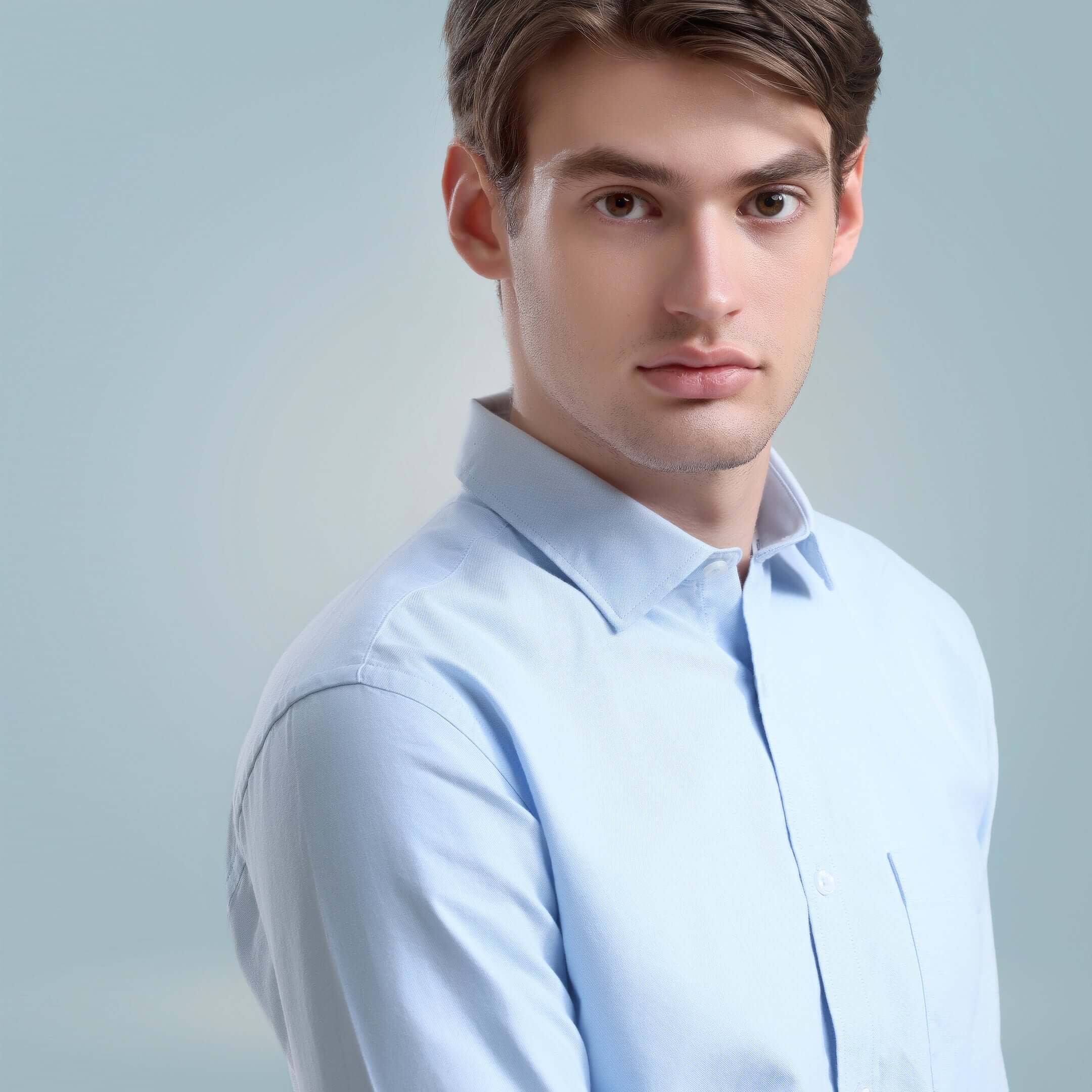 Man wearing Turms Nautical Blue Oxford shirt made from premium super combed cotton showcasing intelligent apparel with anti-stain and anti-odour technology