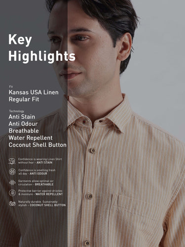 Cinnamon Dream linen shirt featuring anti stain, anti odour, breathable, and water repellent technologies.