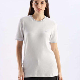 Model wearing the Nova Grey cooltech t-shirt featuring round neck, UV protectant, and anti-odour technology.