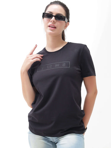 Woman wearing Midnight Elegance Turms T-shirt with anti-stain, anti-odor, and stretchable fabric, showcasing intelligent and trending apparel.