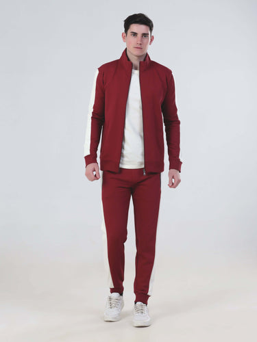 Men's Ruby Hunter co-ord set in burgundy, featuring a zipper jacket and joggers, stylish and waterproof.